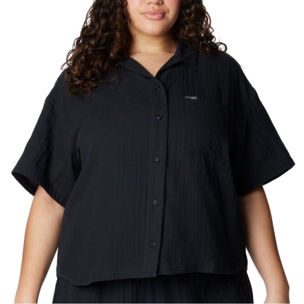 Columbia Women Regular fit Short Sleeve Button-Up Shirt 2X, 100% Cotton in Black